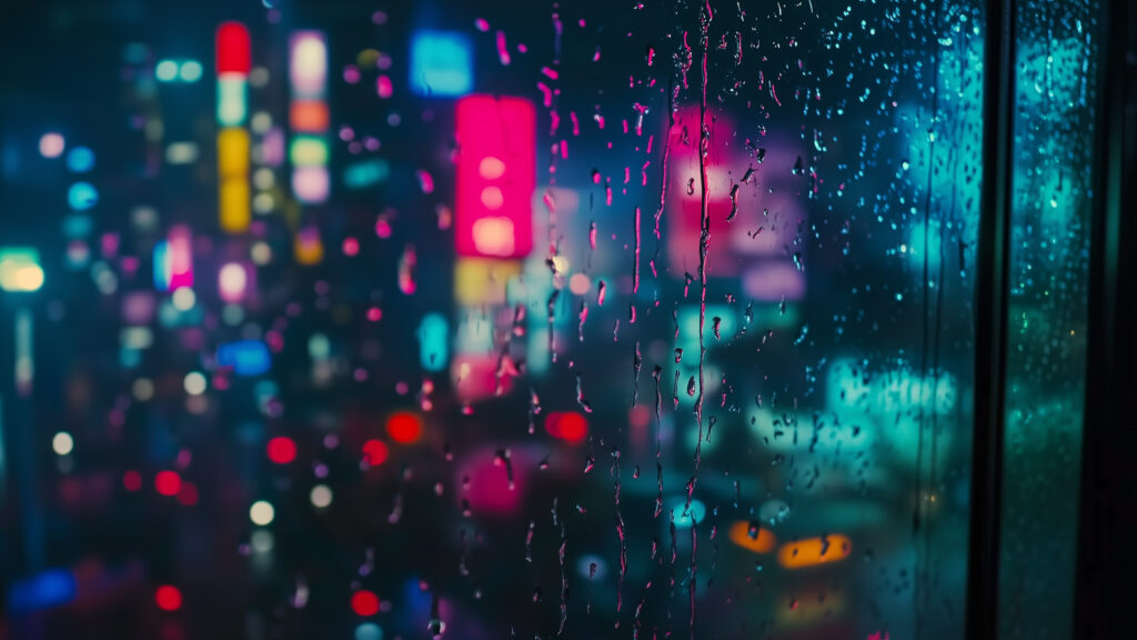 Wallpaper Cyberpunk City Glasfenster bei Regen