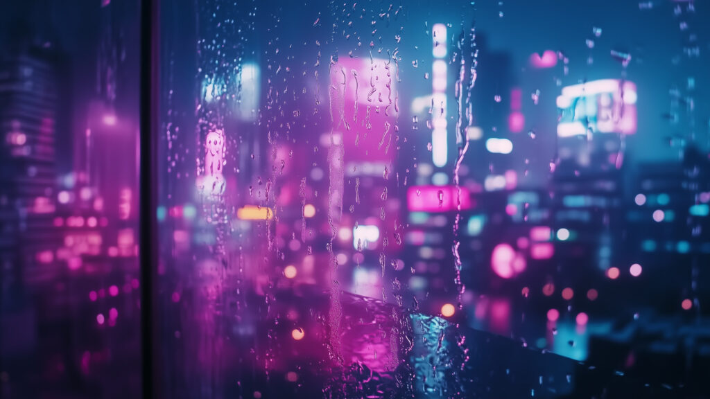 Cyberpunk City Glasfenster bei Regen Hintergrund