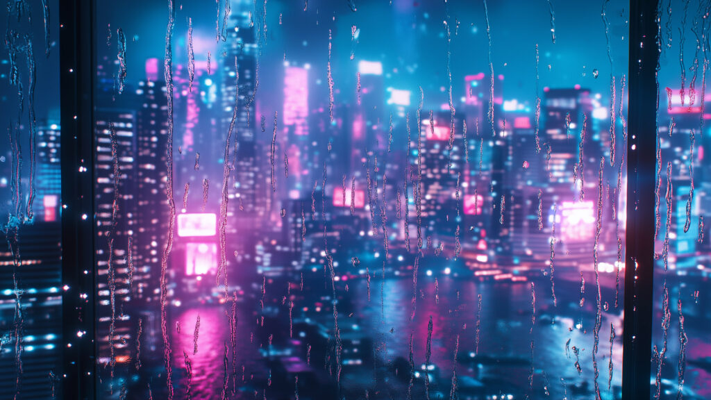 Cyberpunk City Glasfenster bei Regen Wallpaper