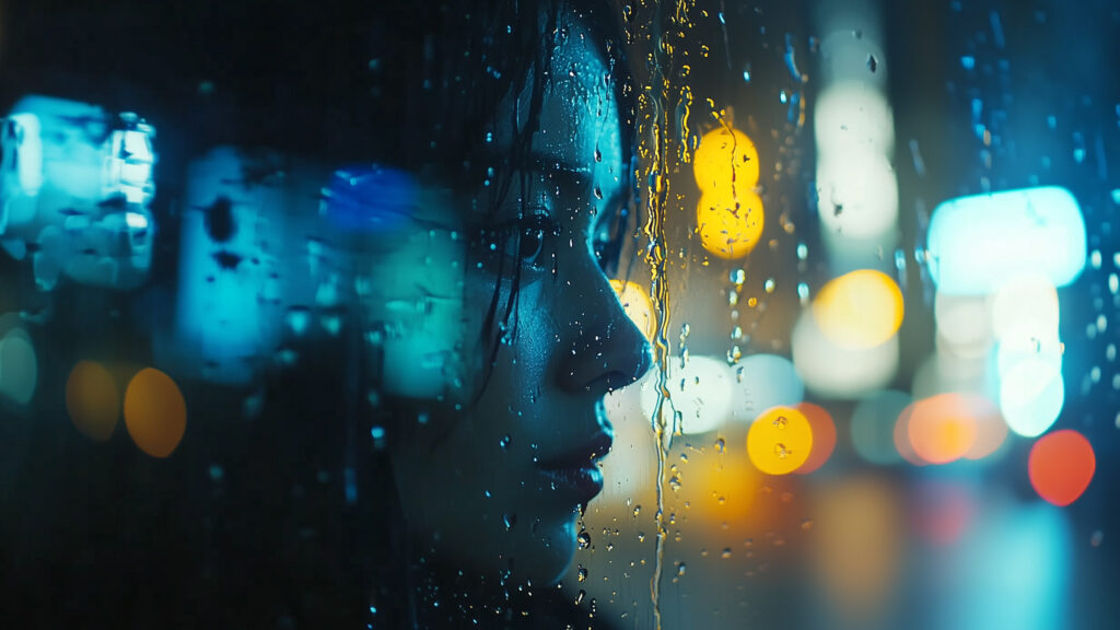 Frau hinter Glas bei Regen